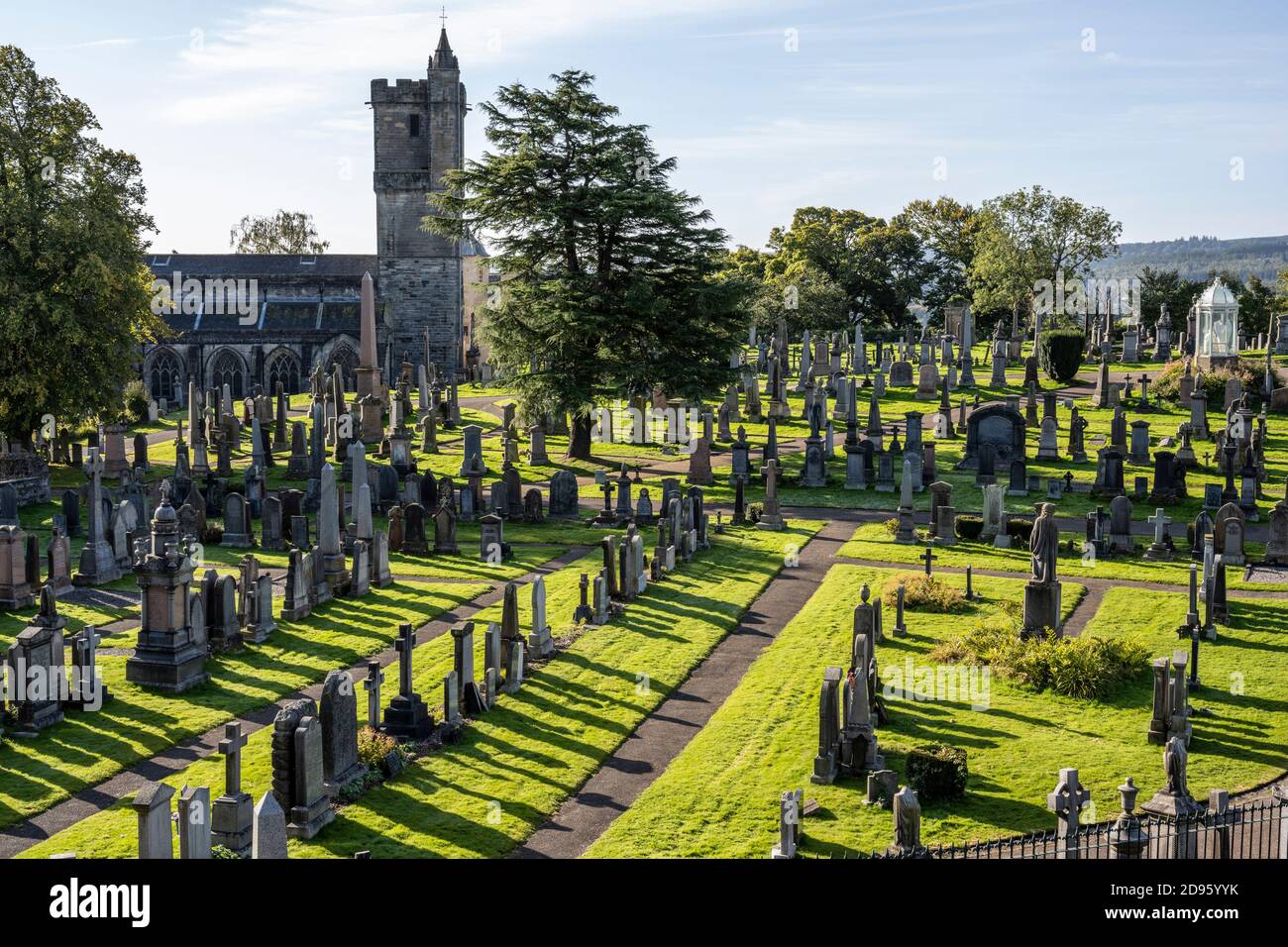 Old Town Cemetery with Church of the Holy Rude in distance - Stirling old town, Scotland, UK Stock Photo