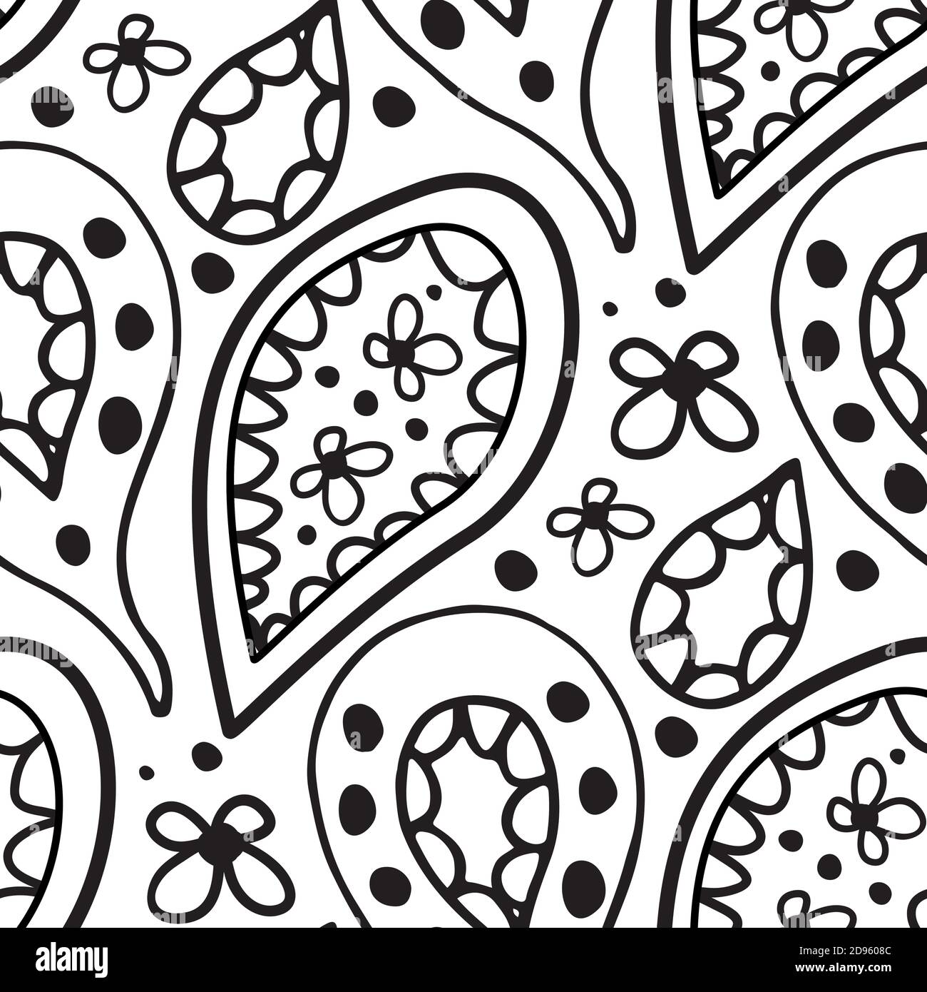 Monochrome doodle paisley seamless vector pattern. Hand drawn scribble ...
