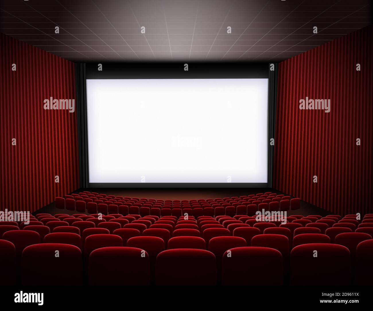 cinema theater with big screen and red seats 3d illustration Stock Photo