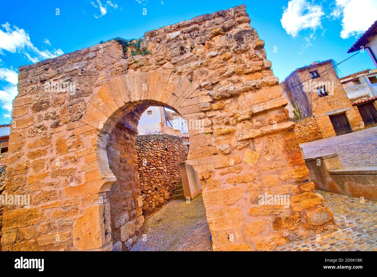 Arab Horseshoe Arch, 10th Century Caliphal Arch, Moorish Neighborhood, Spanish Property of Cultural Interest, Ãgreda, Soria, Castilla y León, Spain, Stock Photo