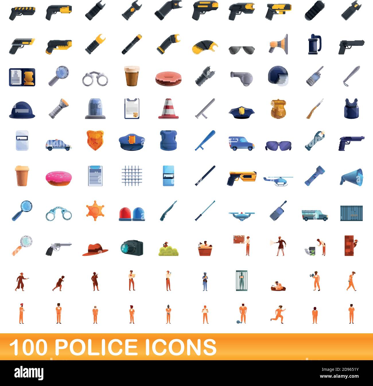 100 police icons set. Cartoon illustration of 100 police icons vector set isolated on white background Stock Vector
