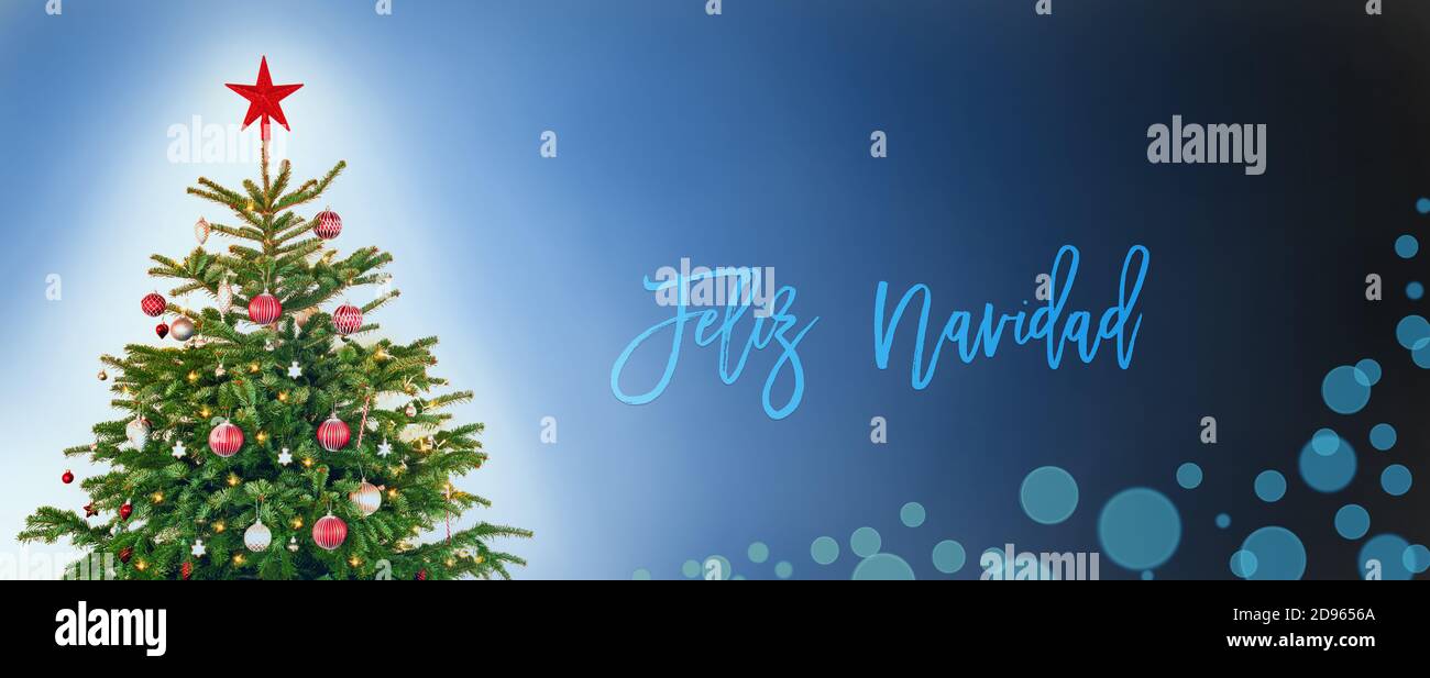 Tree With Decoration, Blue Background, Feliz Navidad Means Merry Christmas Stock Photo