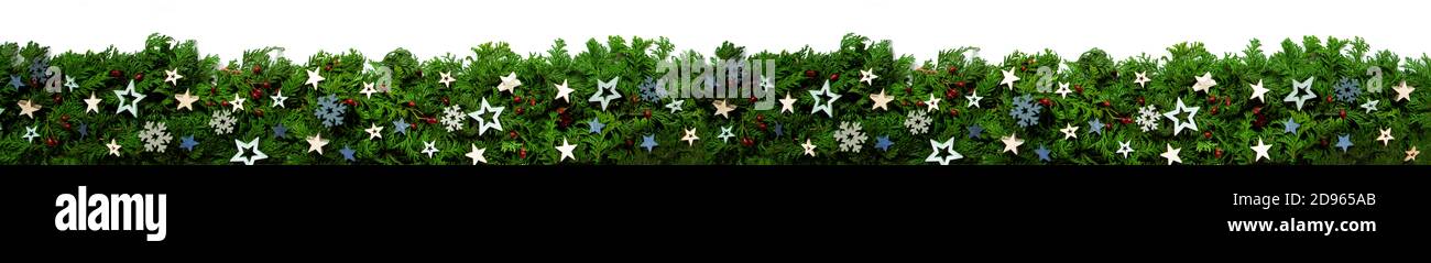 Christmas Banner And Garland With Green Fir Branch, Blue Stars Stock Photo
