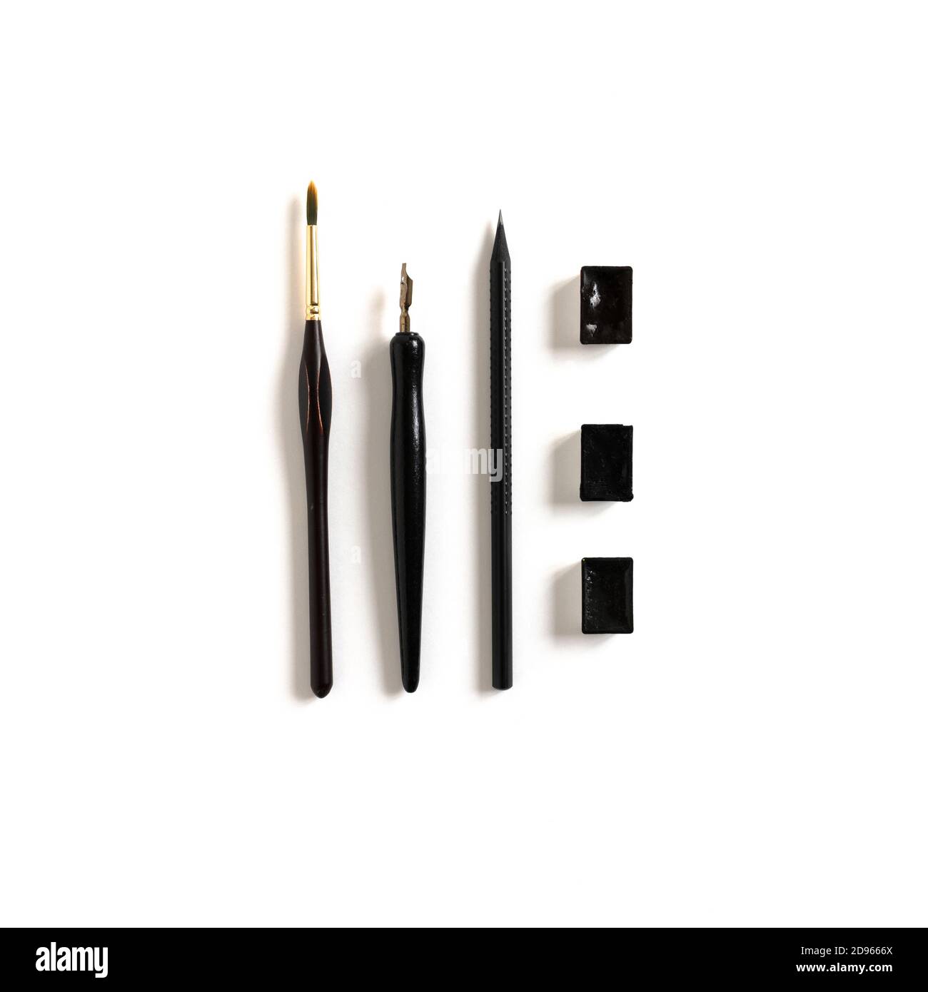 Layout of watercolor, pencil, calligraphic pen, paint brush Stock Photo