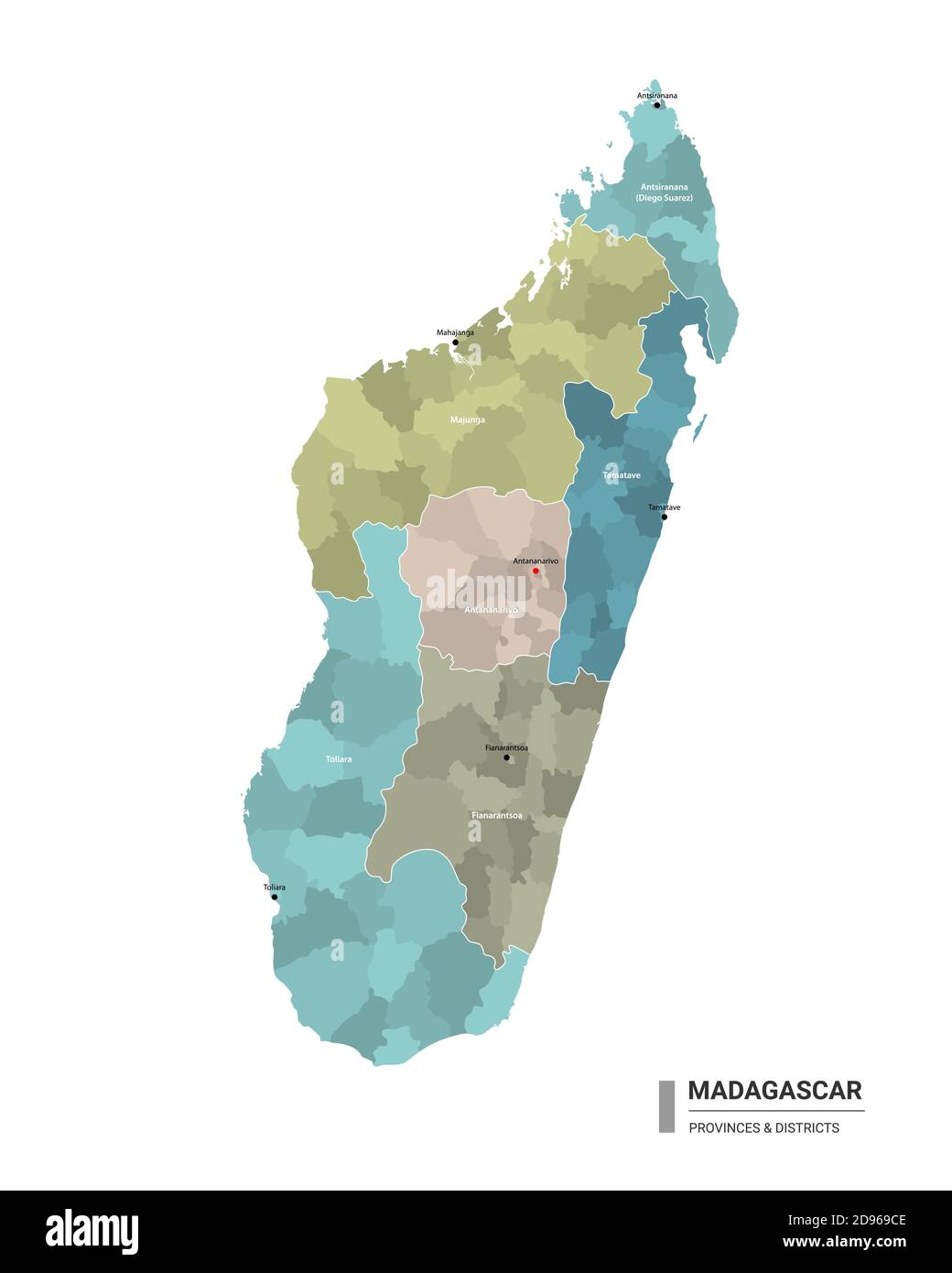 Madagascar higt detailed map with subdivisions. Administrative map of Madagascar with districts and cities name, colored by states and administrative Stock Vector