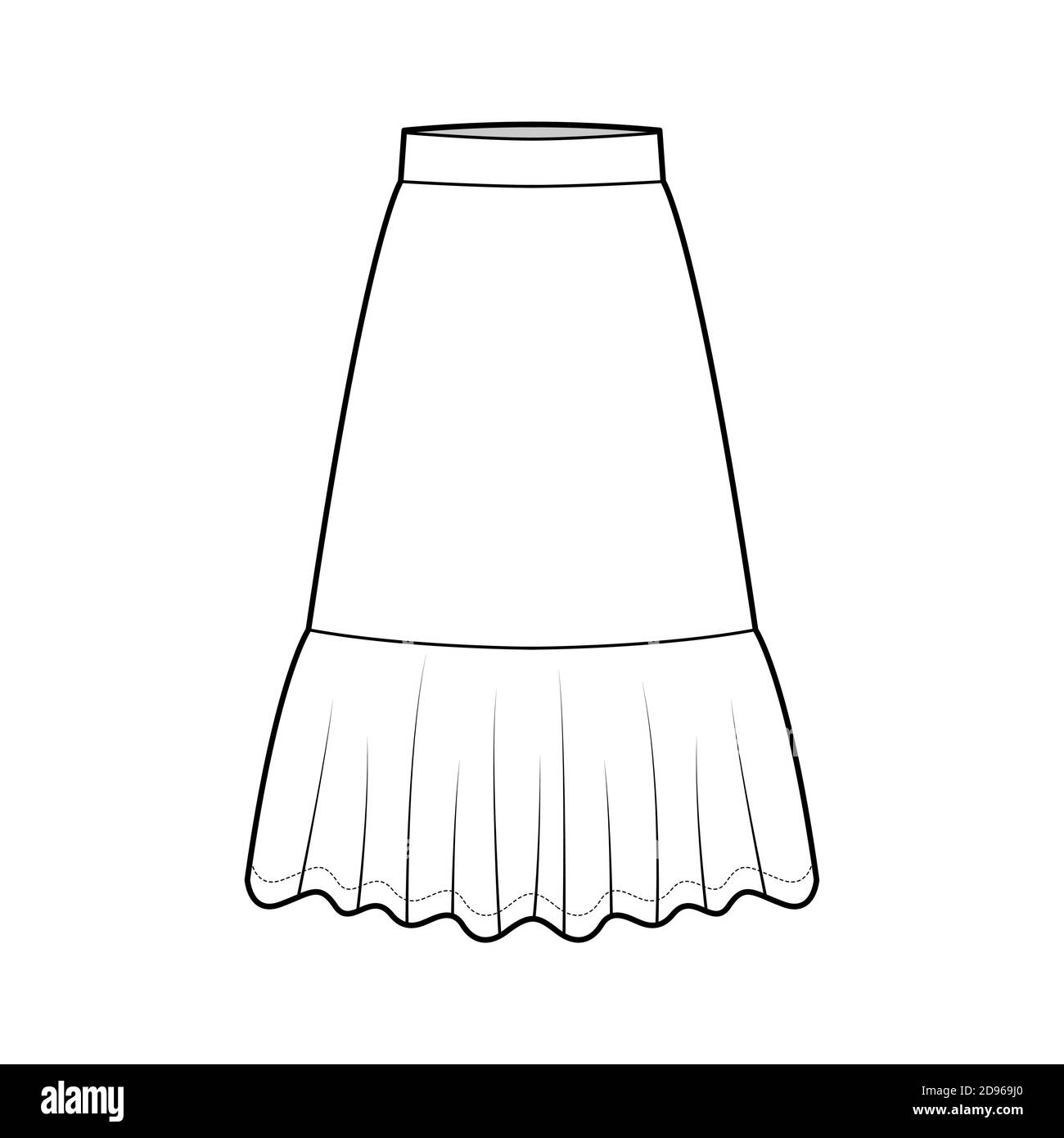 Skirt flounce technical fashion illustration with belowtheknee