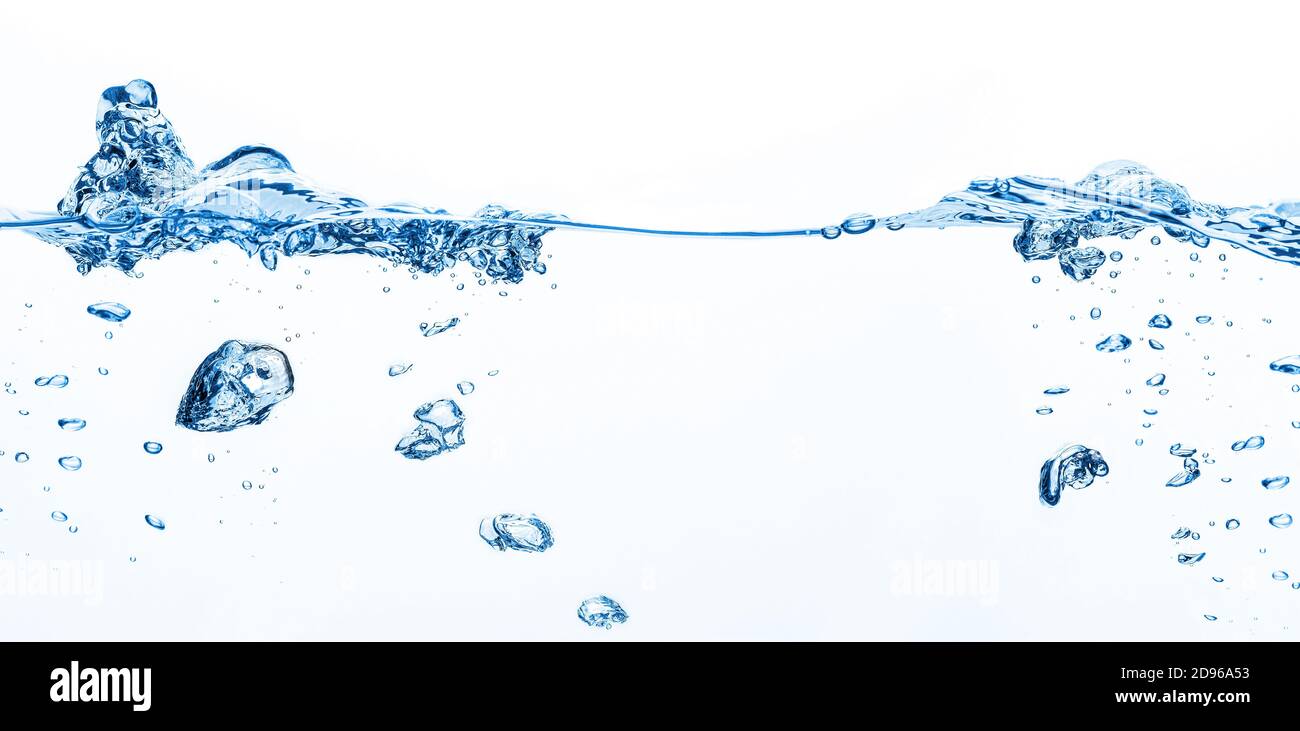 Water splash banner on white background. Water poured into tank, bubbles and splashes. Drinking Water with bubbles. Long wide banner Stock Photo