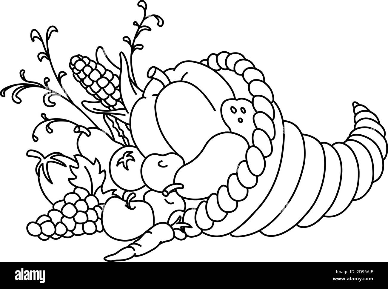 Outlined Horn of plenty. Thanksgiving cornucopia with autumn fruits and vegetables. Vector lineart illustration coloring page. Stock Vector
