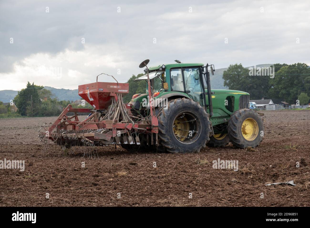 John Deer Tractor with dual wheels with seed drill Stock Photo Alamy