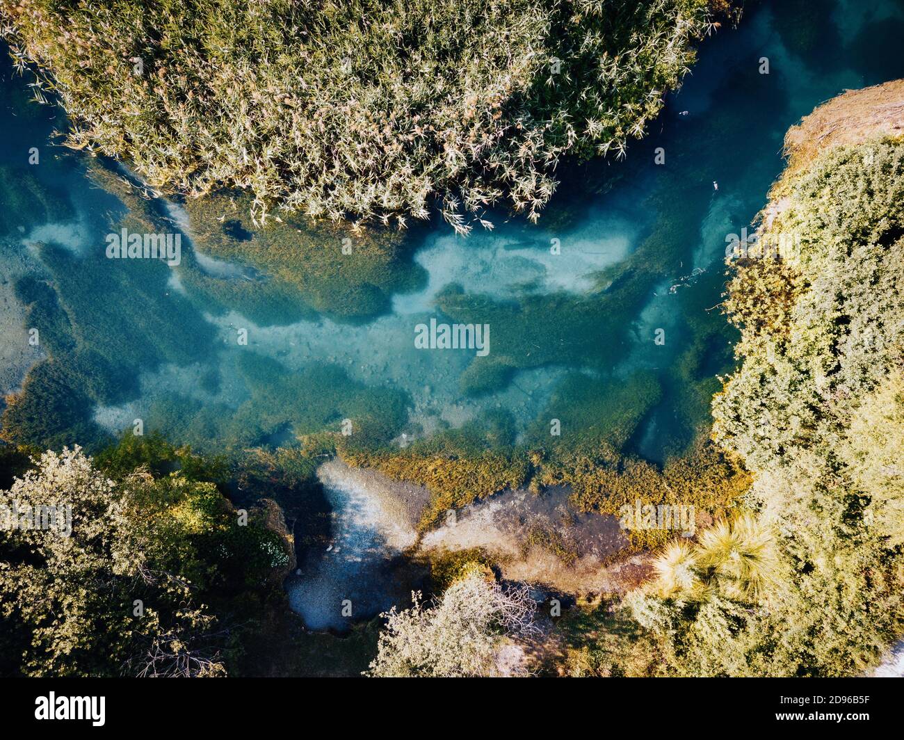Tirino, river in Abruzzo, Southern Italy. Aerial view Stock Photo