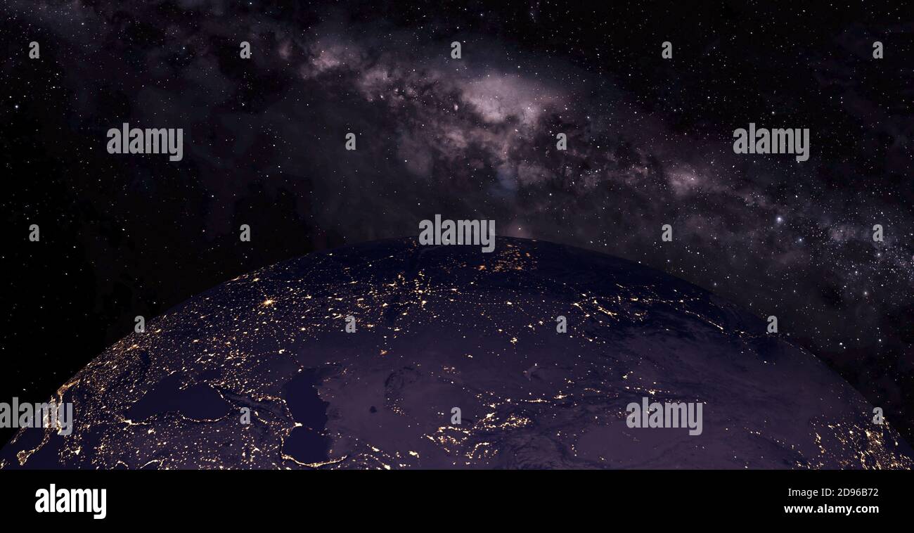 Planet earth in night scene with night city lights from space. Animated night earth with light bulb. 3d space with colorful milky way. Stock Photo