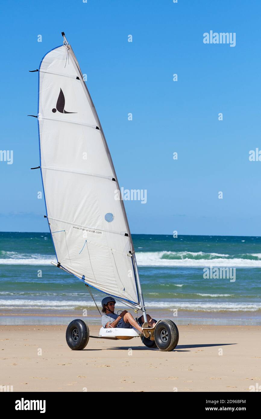 Land sailing / sand yachting / land yachting on the beach at Mimizan, Aquitaine, France. Stock Photo