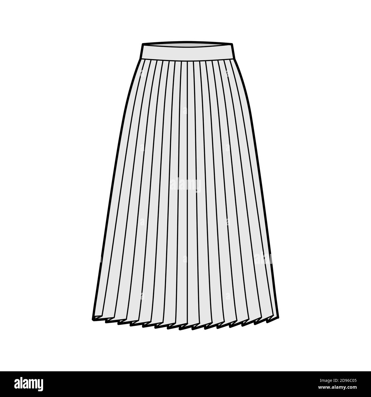 Skirt pleat technical fashion illustration with below-the-knee silhouette, circular fullness, thick waistband. Flat bottom template front, grey color style. Women, men, unisex CAD mockup Stock Vector