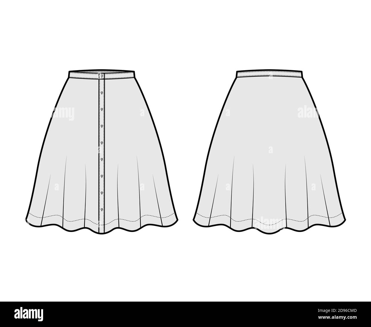 Skirt button down technical fashion illustration with semi-circular ...