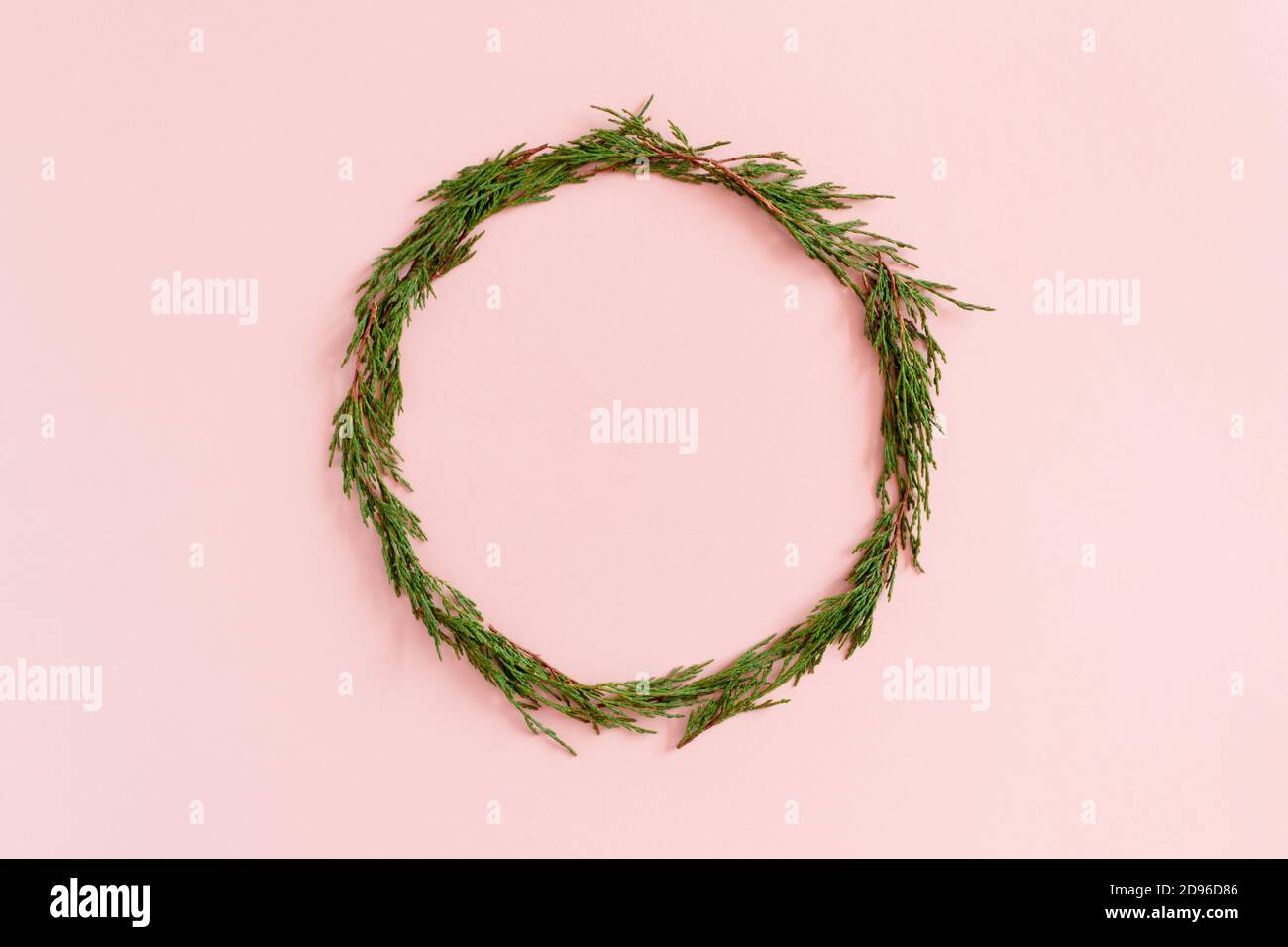 Wreath made from conifer tree branches on a pink pastel background Stock Photo
