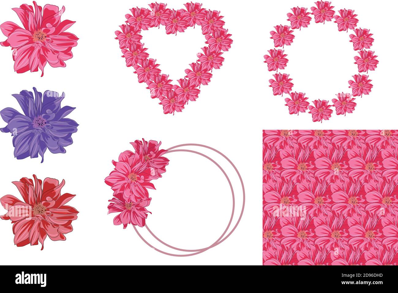 flower set with flowers, frames, and seamless pattern Stock Vector