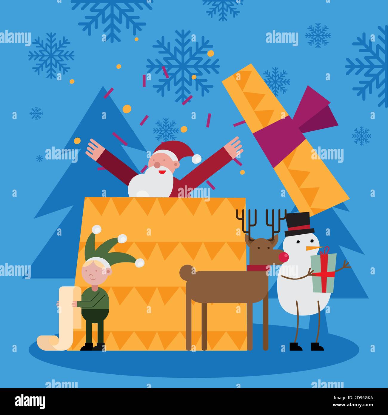 Santa Claus In Gift With Elfand Snowman Christmas Characters Vector Illustration Design Stock Vector Image Art Alamy<script async src=