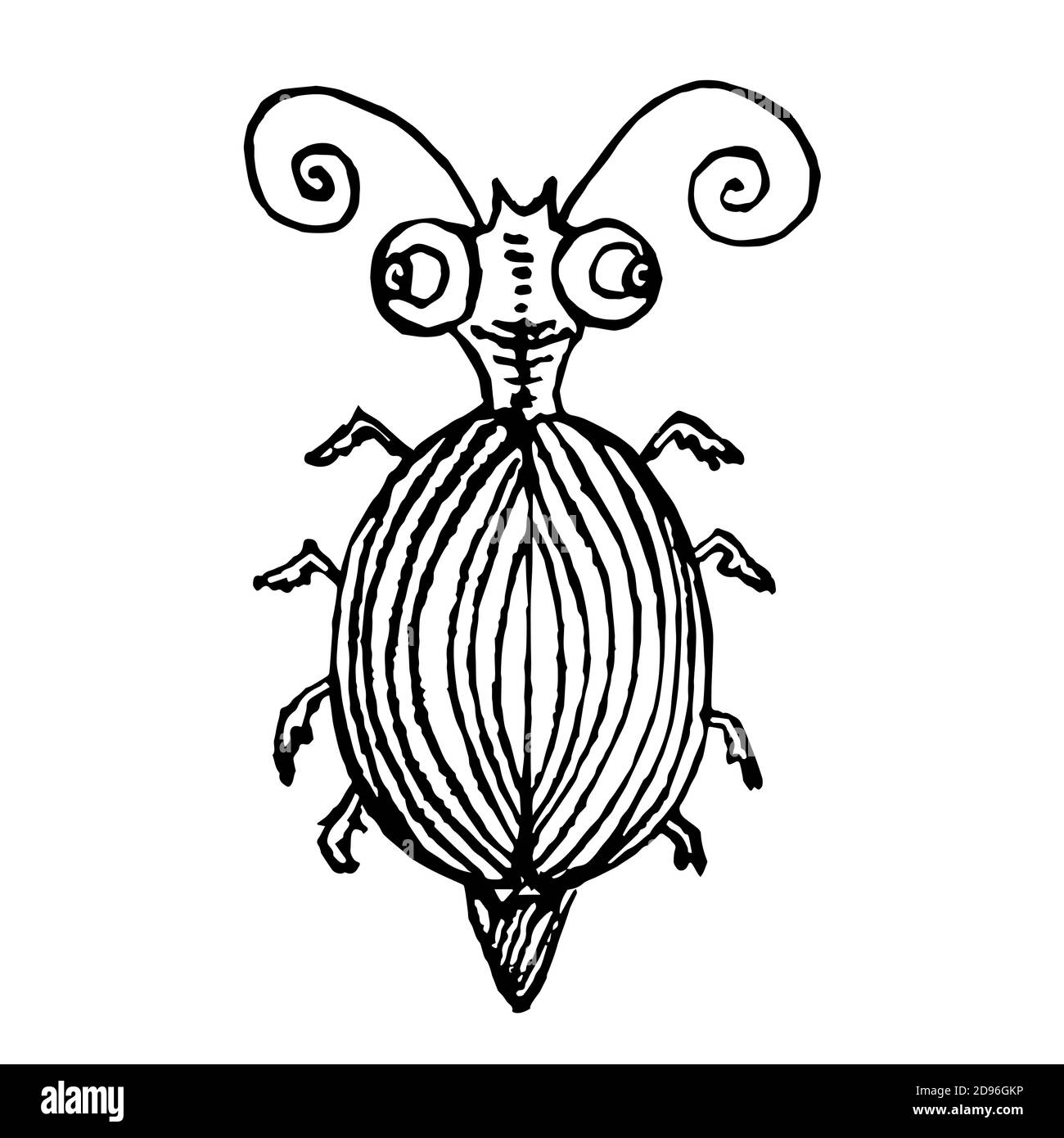 Funny striped bug, hand drawn doodle black and white sketch style, illustration, top view Stock Photo