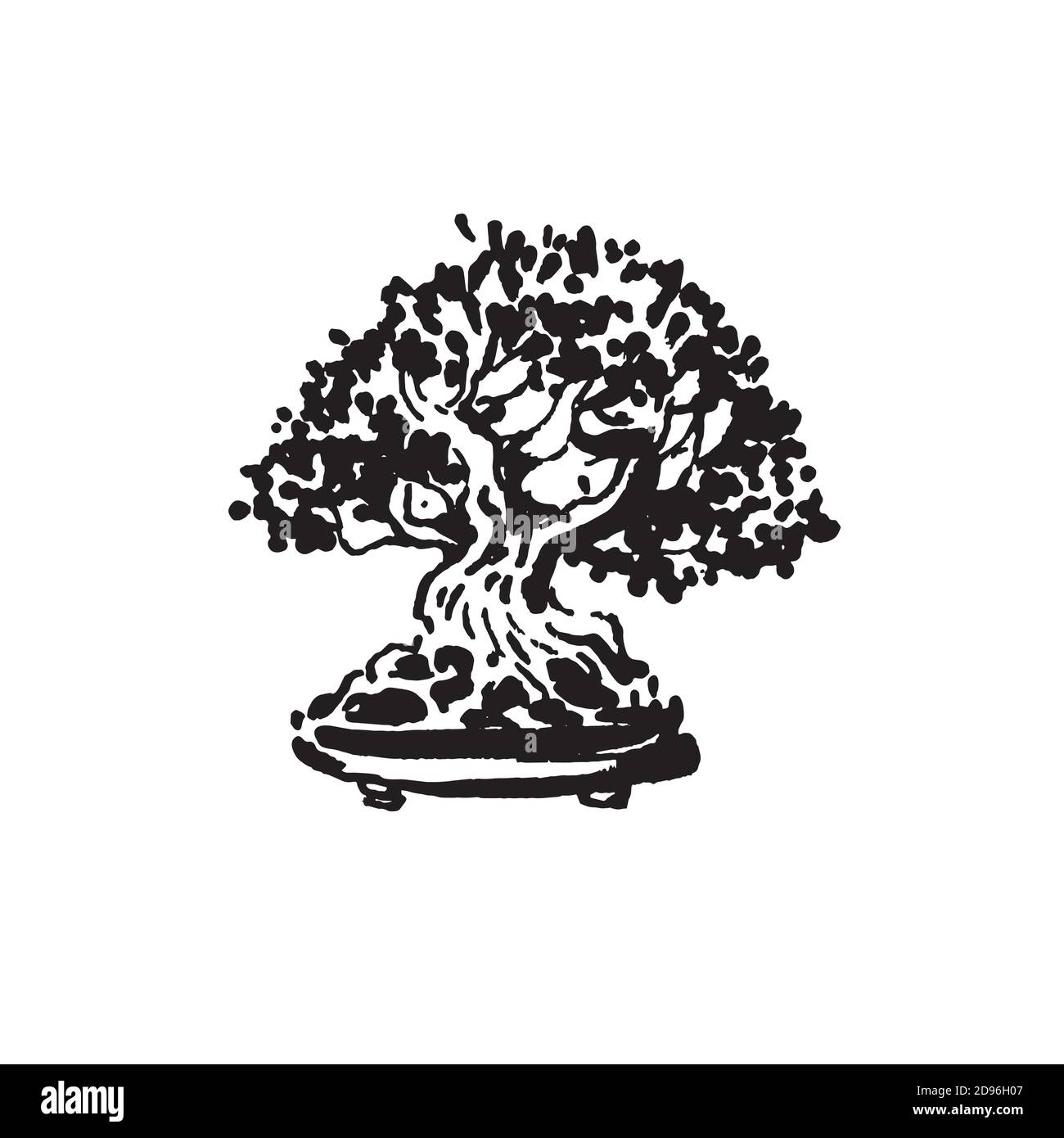 Japanese old bonsai tree in pot hand drawn logo Stock Vector