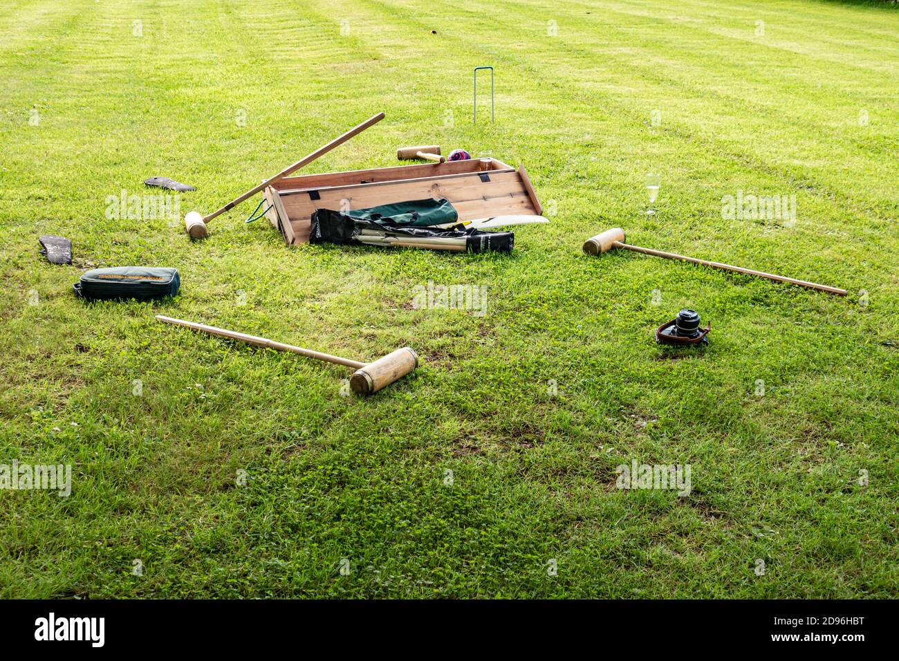 A variety of traditional lawn games wait for wedding guests to resume their match Stock Photo