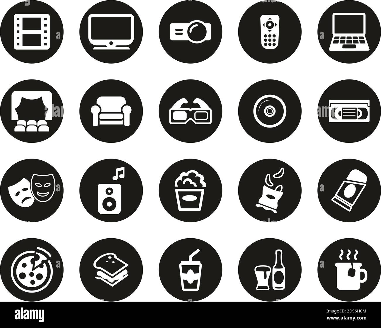 Movie Night At Home Icons White On Black Flat Design Circle Set Big ...