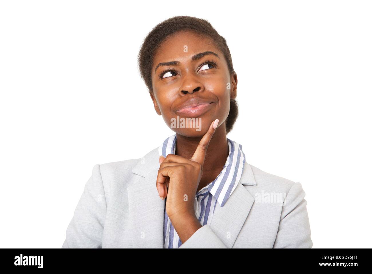 Close up portrait of attractive young black woman thinking and looking ...