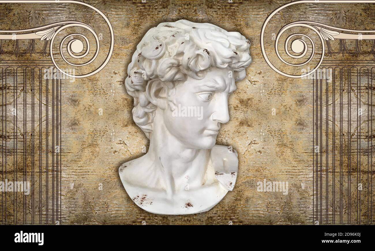 3d wallpaper, David bust, ancient Greece, ionic columns Stock Photo - Alamy