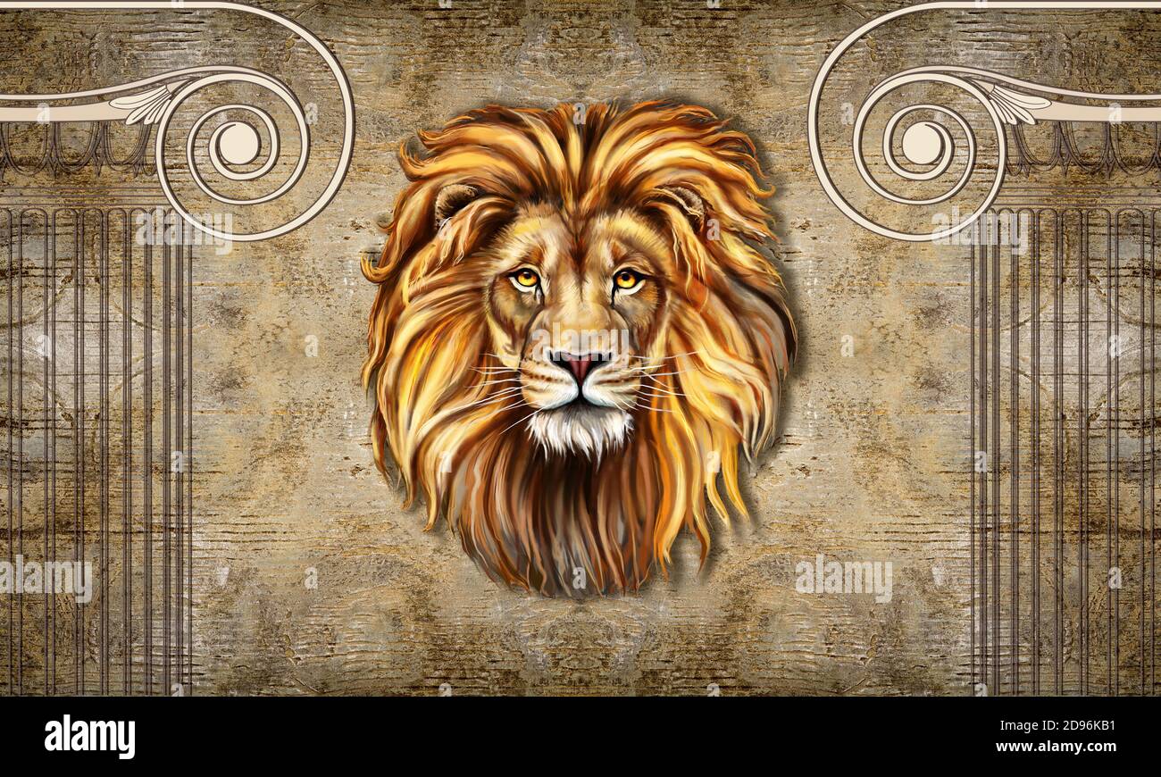 3d wallpaper, architectural columns and lion. 3d background in classical  style Stock Photo - Alamy