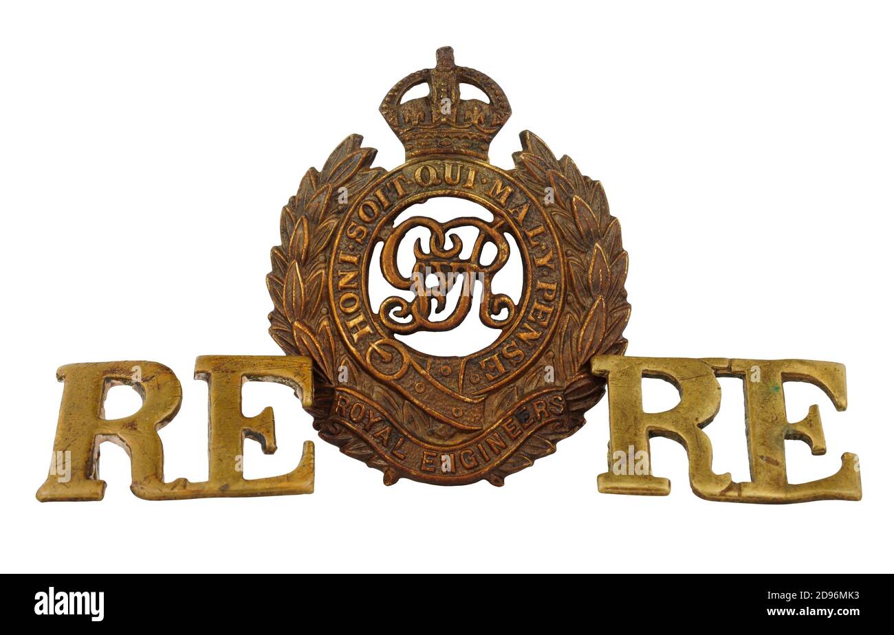 British army Royal Corps of Engineers world war one cap badge and shoulder titles isolated on a white background Stock Photo