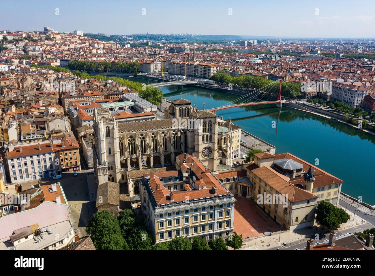 Lyon (central-eastern France): aerial view of “place Saint-Jean” square and Lyon Cathedral, by the river Saone, in the heart of medieval and Renaissan Stock Photo
