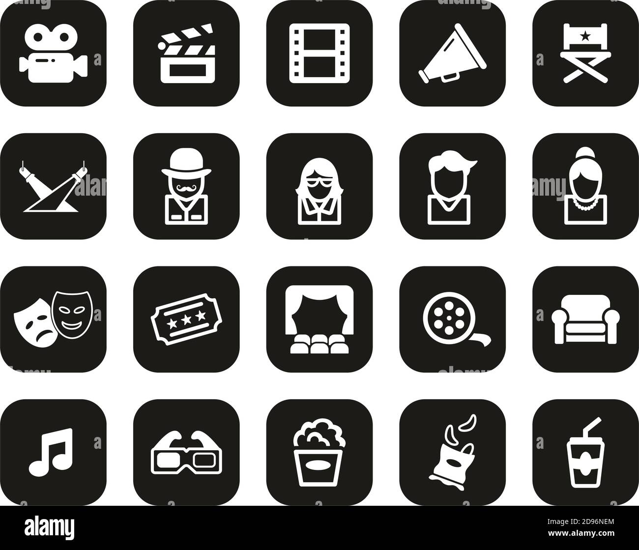 Movie Or Movie Industry Icons White On Black Flat Design Set Big Stock ...