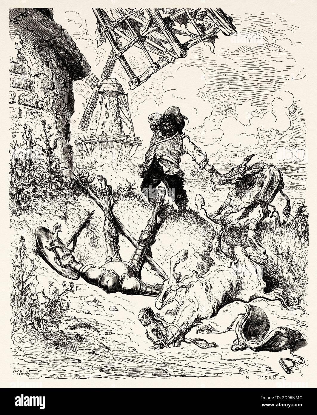 Sancho comes to Don Quixote's aid. Don Quixote by Miguel de Cervantes Saavedra. Old XIX century engraving illustration by Gustave Dore Stock Photo