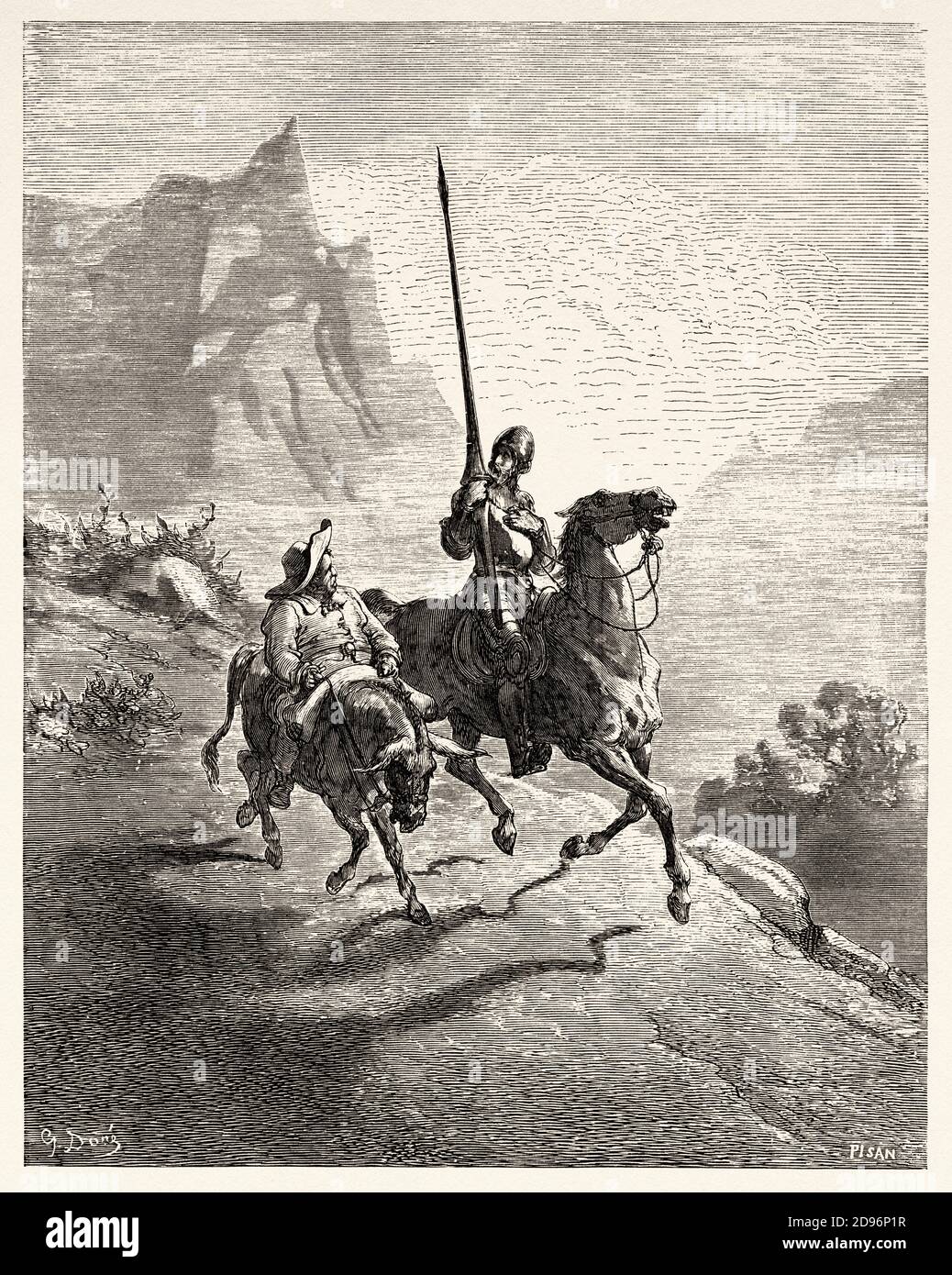 Don Quixote and Sancho Panza. Don Quixote by Miguel de Cervantes Saavedra. Old XIX century engraving illustration by Gustave Dore Stock Photo
