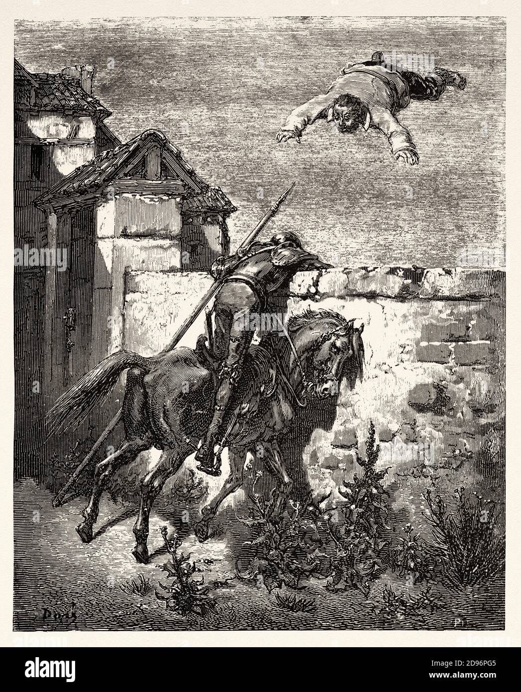 Sancho Panza thrown over the wall. Don Quixote by Miguel de Cervantes Saavedra. Old XIX century engraving illustration by Gustave Dore Stock Photo