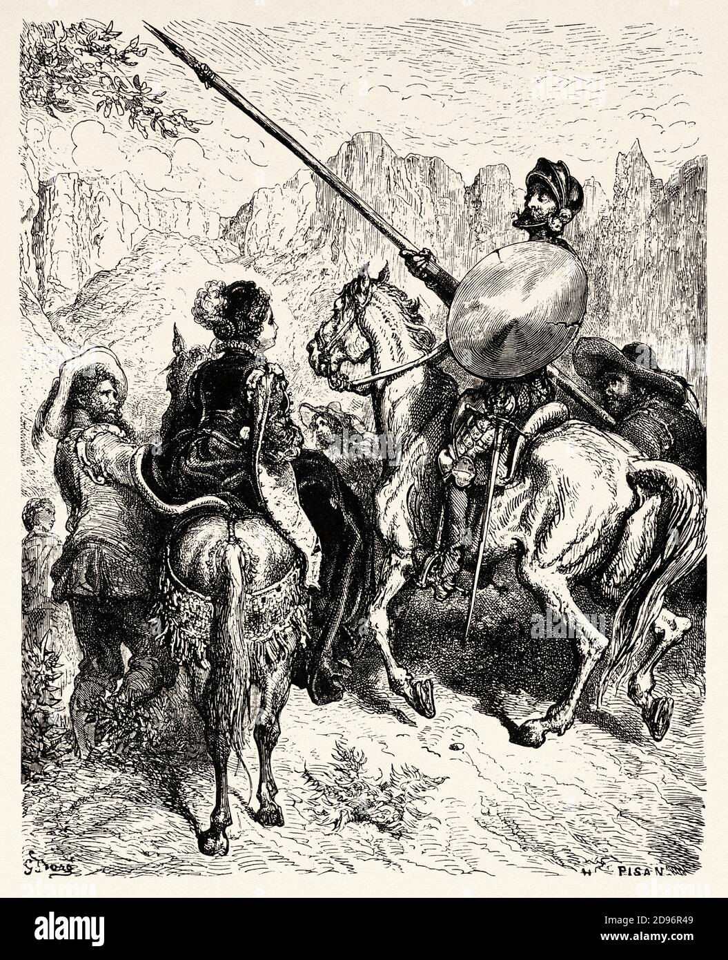 Don Quixote, Sancho and the princess Dorotea. Don Quixote by Miguel de Cervantes Saavedra. Old XIX century engraving illustration by Gustave Dore Stock Photo