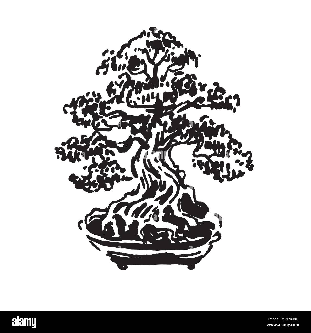 Japanese old bonsai tree in pot hand drawn logo Stock Vector