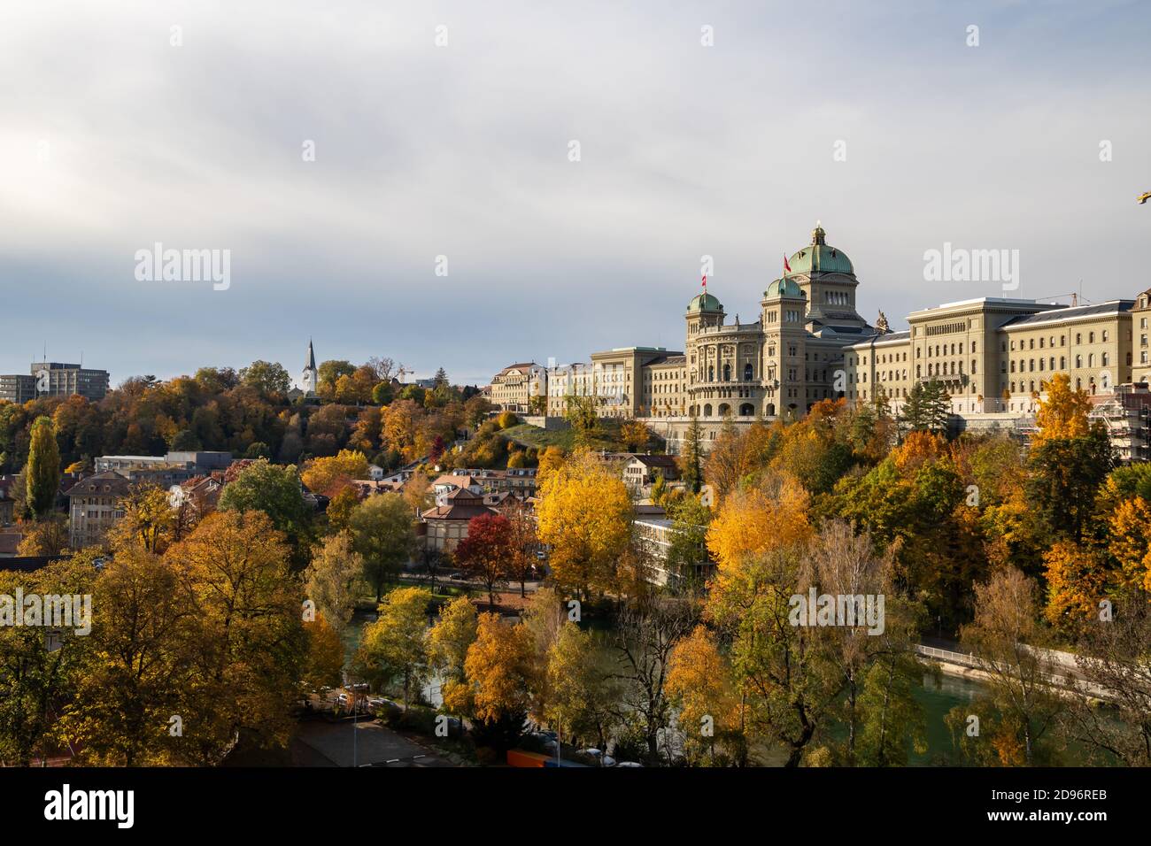 Bern Switzerland - 10.25.2020 View of The Swiss Parliament (Bundeshaus) from  Kirchenfeldbruecke Bridge Stock Photo