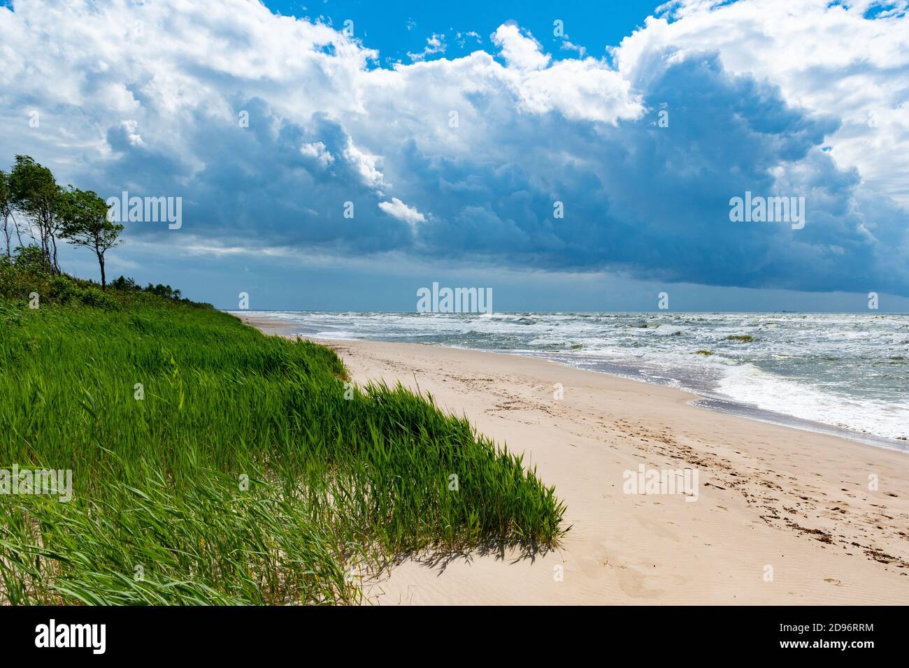 Rough sea with waves, cloudy sky, sandy beach and dunes with reeds and
