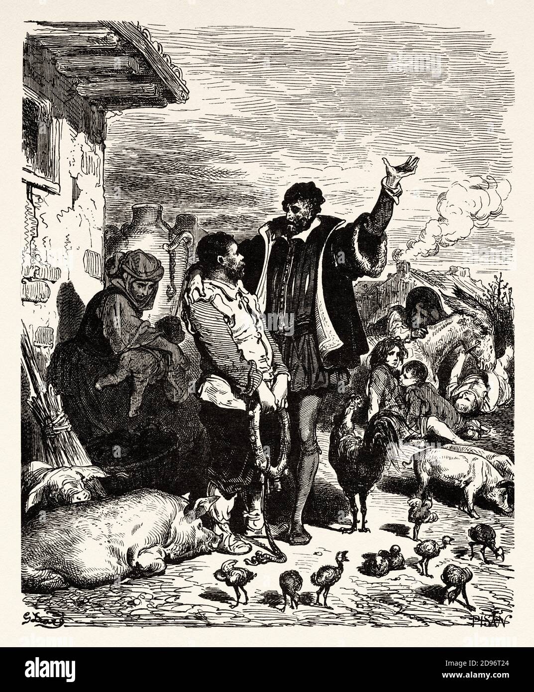 Don Quixote taking Sancho Panza from his home and pronouncing him governor. Don Quixote by Miguel de Cervantes Saavedra. Old XIX century engraving illustration by Gustave Dore Stock Photo