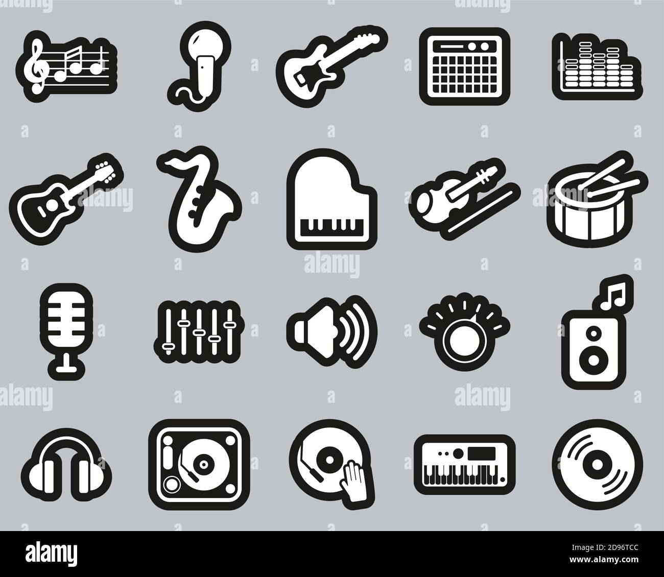 Music Or Music Studio Equipment Icons White On Black Sticker Set Big Stock Vector