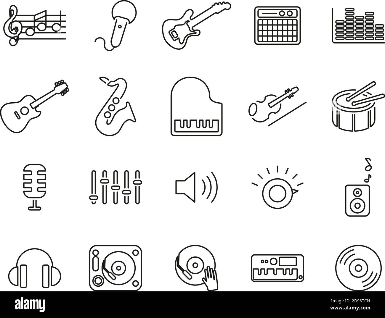 Music Or Music Studio Equipment Icons Black & White Thin Line Set Big ...