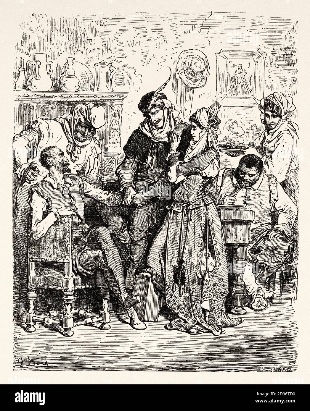 Don Quixote by Miguel de Cervantes Saavedra. Old XIX century engraving ...