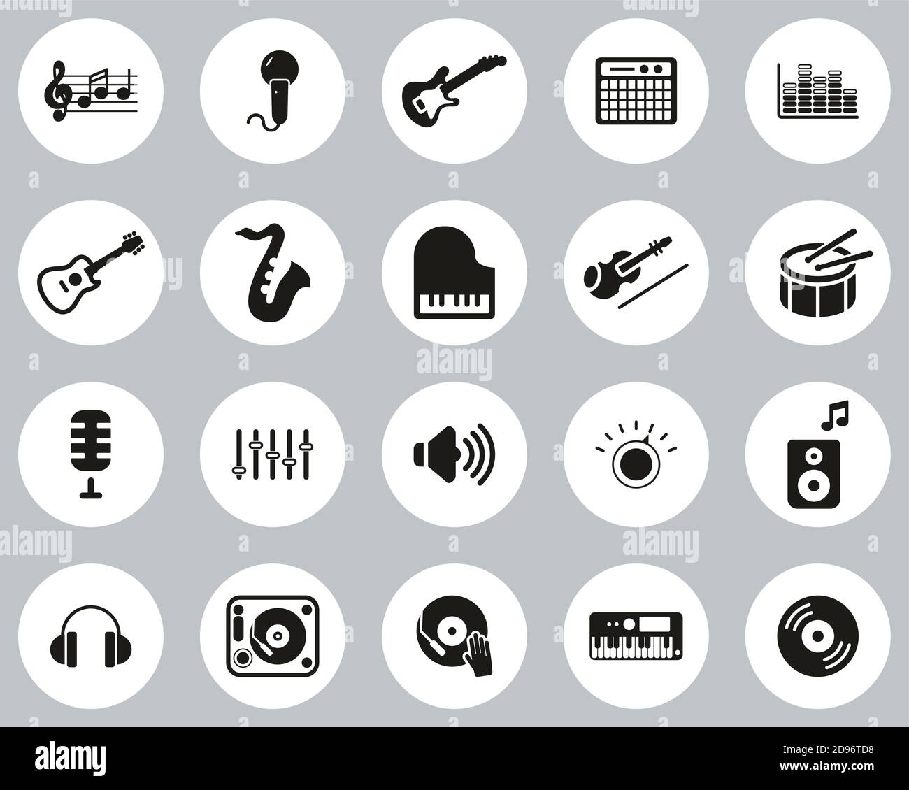 Music Or Music Studio Equipment Icons Black & White Flat Design Circle ...