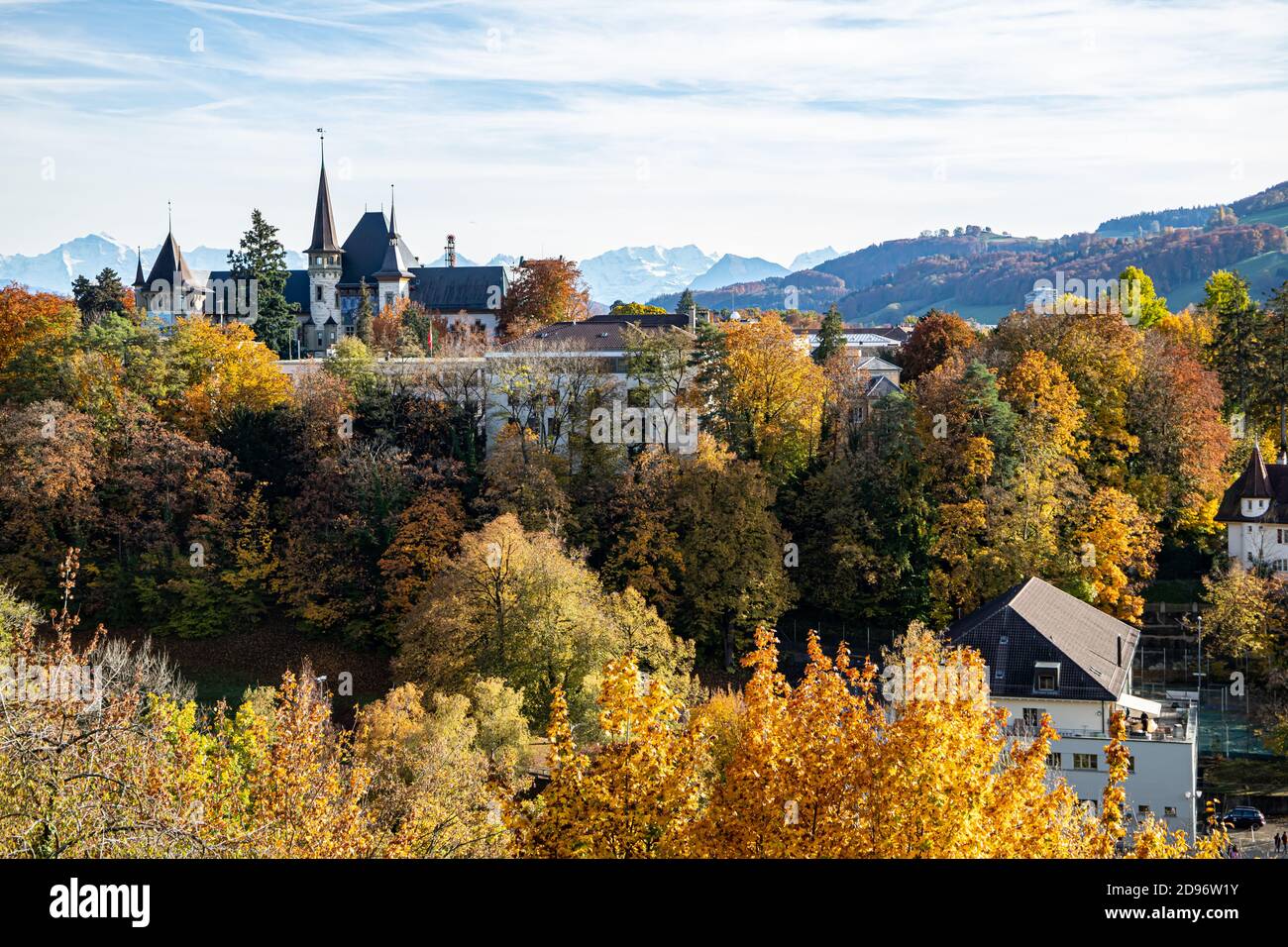 Bern Switzerland - 10.25.2020 View over Bern and the Bern History Museum and Aare river in the Autumn with the Alps in the background Stock Photo