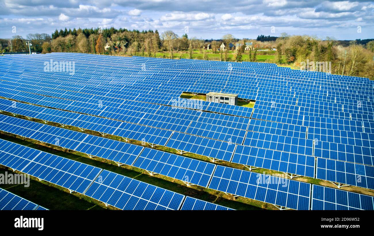 Bonnemain (Brittany, north-western France): aerial view of the solar panels of the photovoltaic plant of La Fresnais. Stock Photo