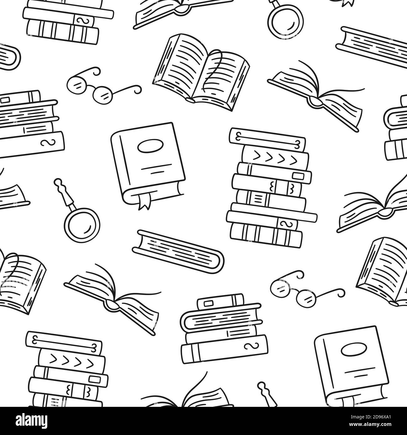 Seamless pattern with paper books. Home library, book stacks, glasses in doodle style. Hand drawn vector illustration Stock Vector