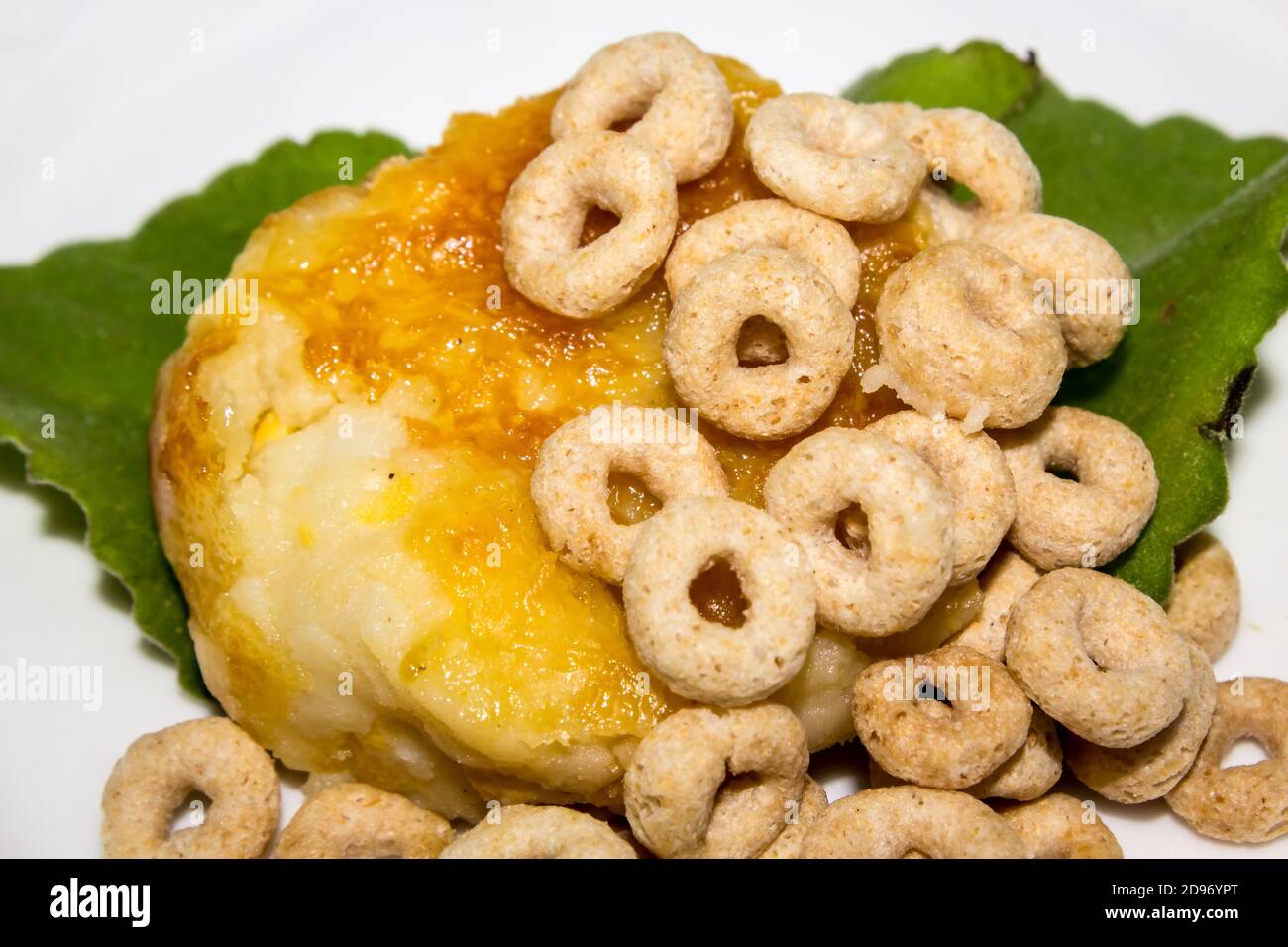 Corn Pie & Cheerios with Mint Garnish Stock Photo