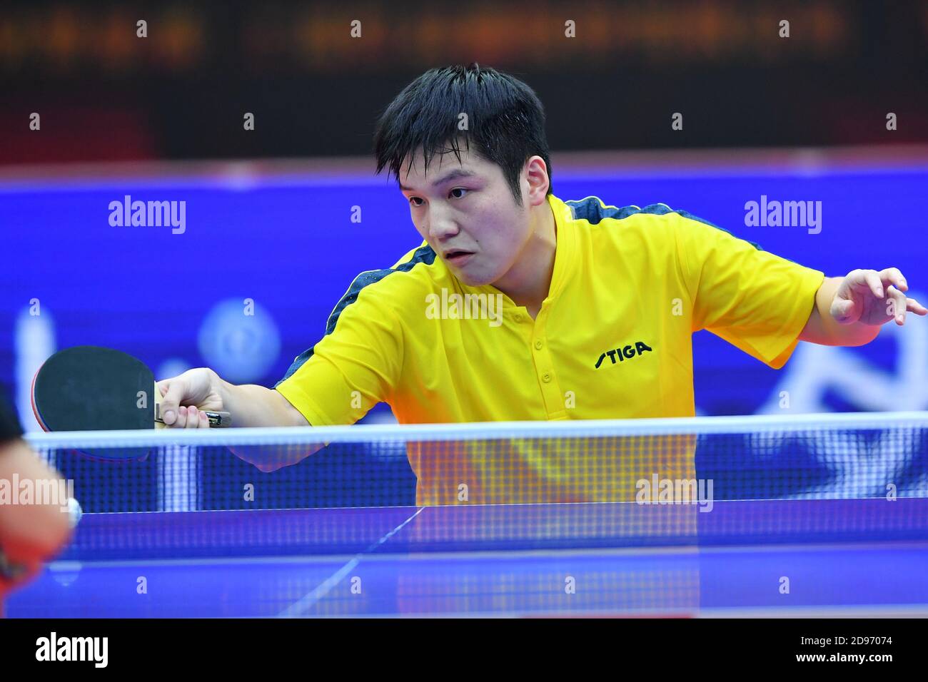 Chinese table tennis player Fan Zhendong competes against Chinese table tennis player Ma Long at the final of 2020 China National Table Tennis Championships, Weihai city, east China’s Shandong province, 10 October 2020. Stock Photo