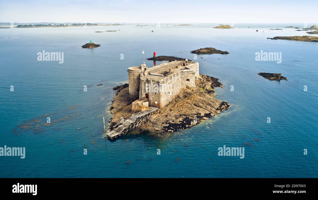 Aerial view of the Chateau du Taureau in Plouezoc'h, near Carantec, in the Bay of Morlaix Stock Photo