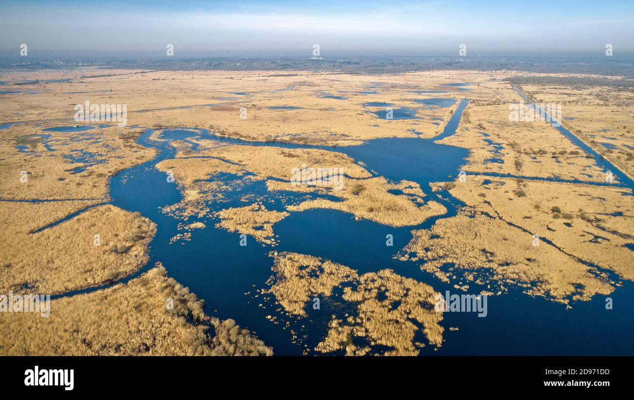 Aerial view of the Briere marsh area, in the Regional Natural Park of Briere, in winter Stock Photo